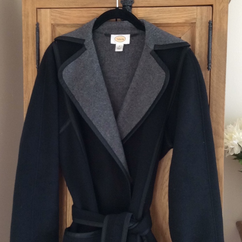 Talbots black wool coat with gray trim, size 4